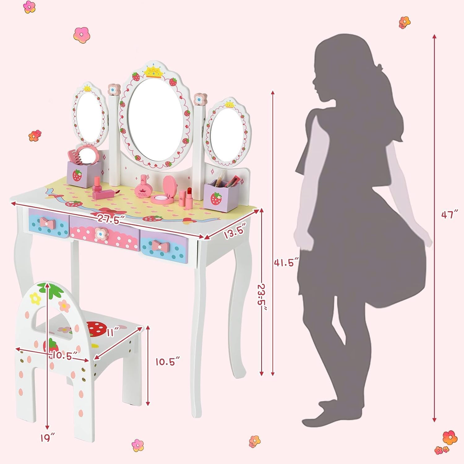 GLACER Kids Vanity, 2-in-1 Cute Toddler Vanity w/Tri-Fold Mirror & Storage Drawers, Detachable Top, Makeup Accessories, Princess Kids Vanity Table and Chair Set for Little Girls Aged 3+ (White)