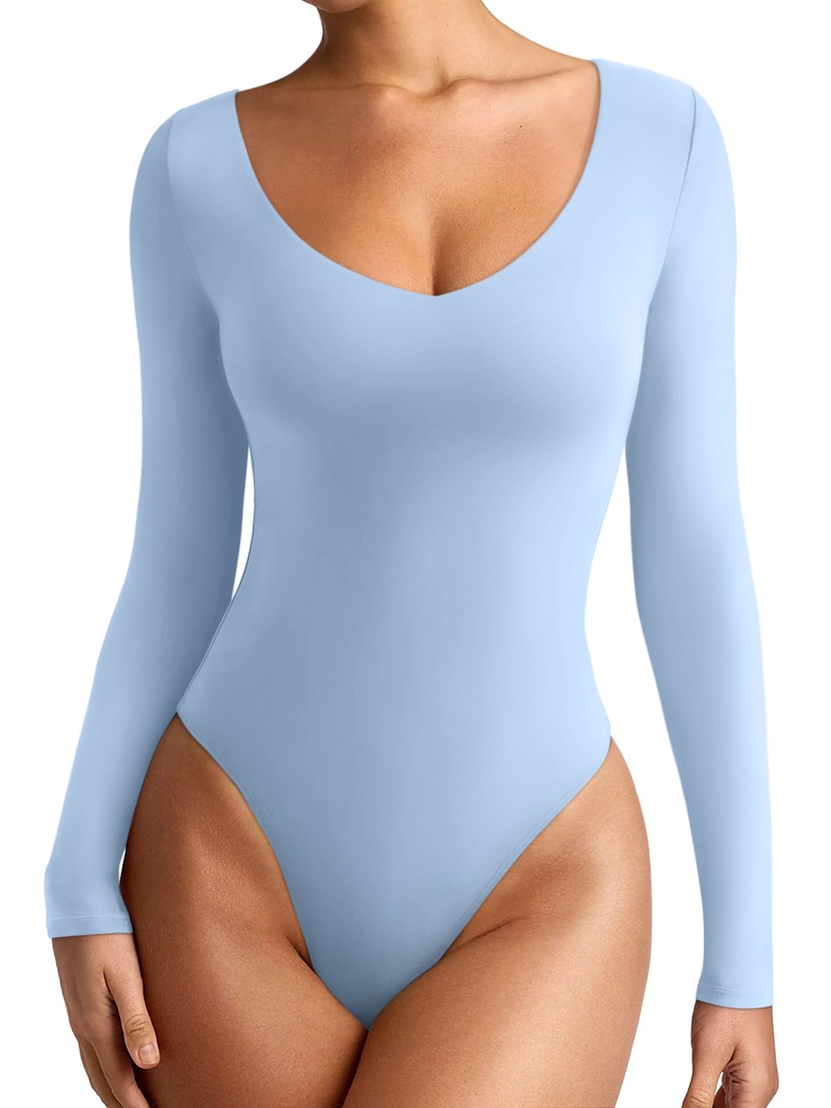 REORIA Women's V Neck Long Sleeve Bodysuits Comfy Double Lined Basic Tank Top Body Suits