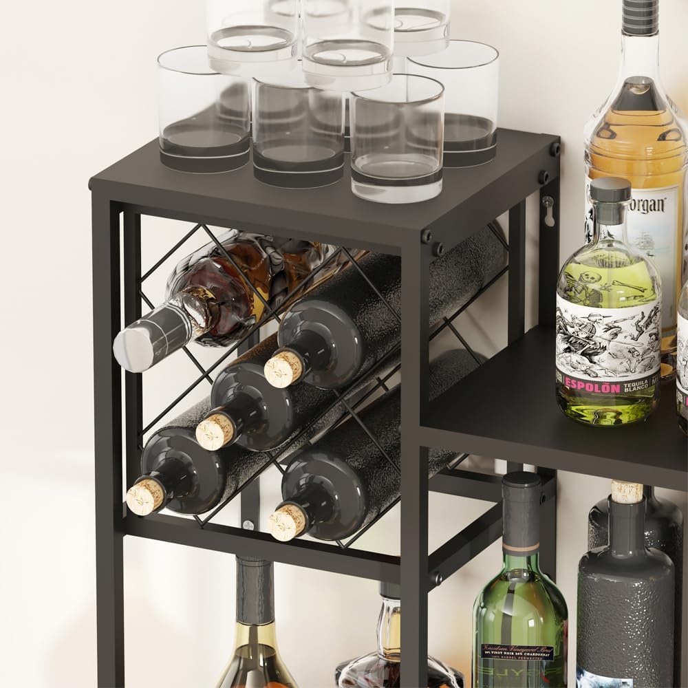 KaKaBB Metal Wall Mounted Wine Rack 2 Tier, Bar Shelves for Liquor Bottles with Glass Holder Storage, Floating Liquor Wall Shelf for Home Bar Kitchen Dining Room (Black)
