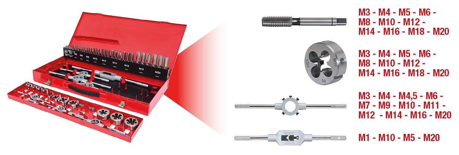 KS TOOLS 331.0654 - Coffret De Jeux De Tarauds Et Filières - Avec Mallette De Rangement Rouge En Acier Anti-Rouille - Outtilage Mecanique Auto - Gris - 54 Pièces