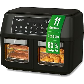 MAXXMEE Hot Air Fryer Double Chamber 11 Litres Clever Combination of Hot Air Oven Grill & Fryer with 2 XXL Deep Fryer Compartments with 5.5 Litres Each Digital Control Panel and Viewing Window