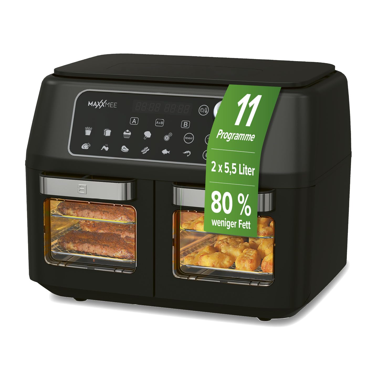 MAXXMEE Heißluft-Fritteuse Doppelkammer 11 Liter | Clevere Kombination aus Heißluftofen, Grill & Fritteuse mit 2 XXL-Frittierfächern mit je 5,5 Litern | Digitales Bedienfeld und Sichtfenster
