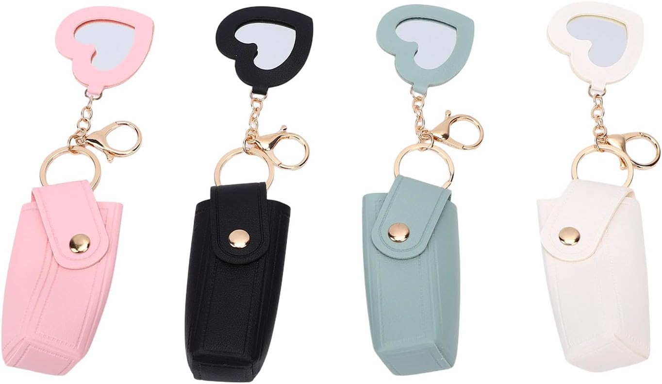 Lipstick Holder Keychain with Mirror, 4 Pack PU Leather Case