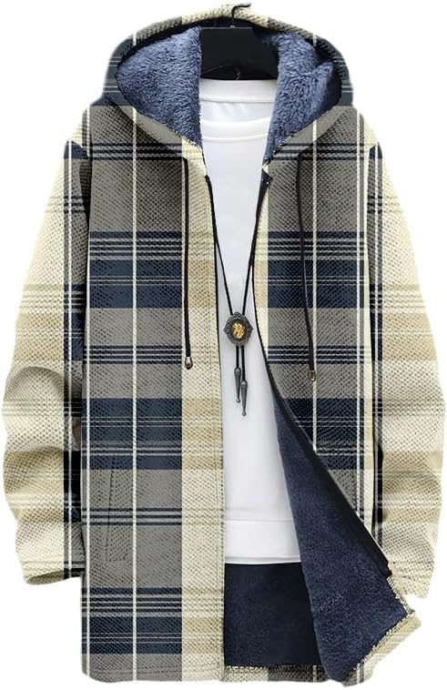 DMOYALA Oversized Zip Up Hoodie for Men Sherpa Lined Fleece Jacket Winter Trendy Graphic Plaid Coat with Hood and Pockets