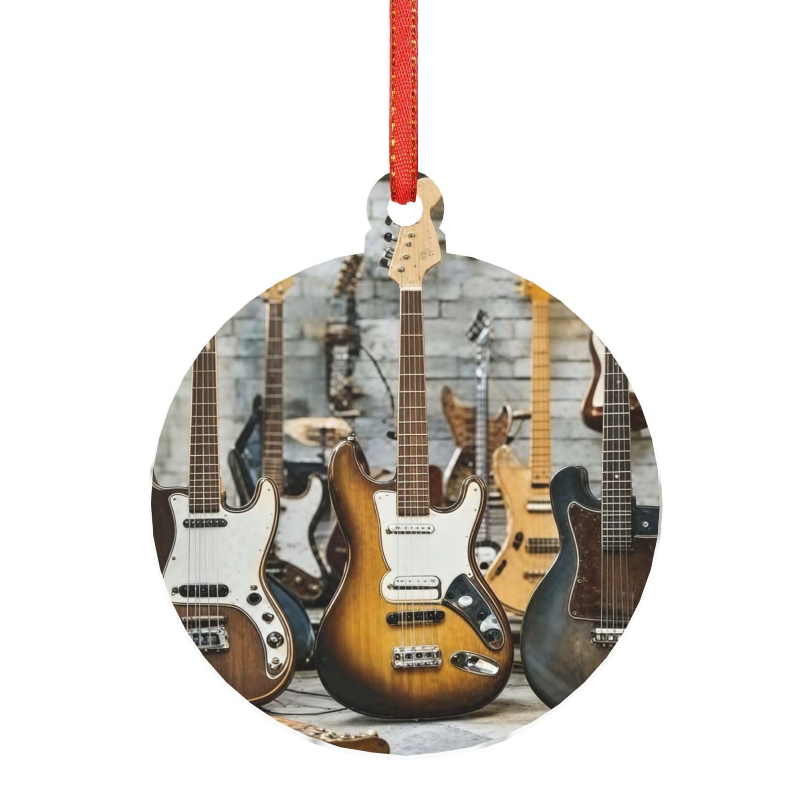 Acrylic Ornament Christmas Tree Decoration Clear Round Pendant with Red Ribbon Guitar Bass Music Christmas Ornaments Indoor Outdoor Hanging Acrylic Pendants for Xmas Party Decor