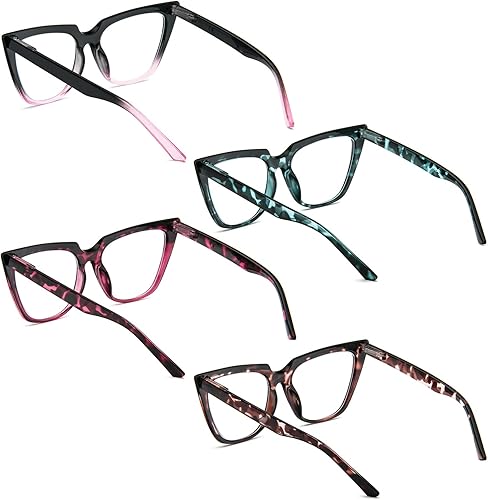 Miniatura 3 de KoKoBin Paquete de 4 lentes de lectura de gran tamaño para mujer, bisagra de resorte con bloqueo de luz azul, Negro, rojo, blanco y leopardo