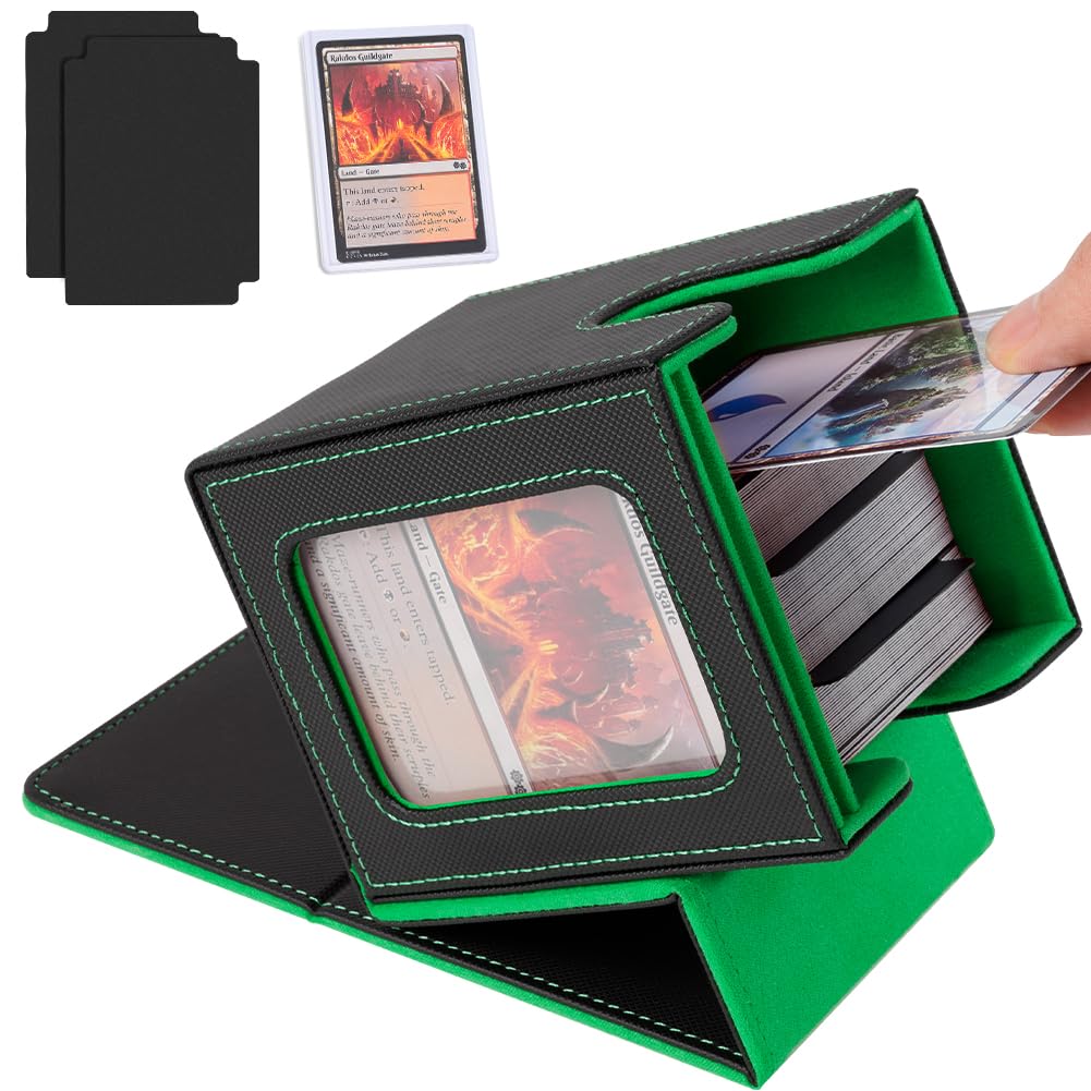 Aolso Card Deck Box for MTG Commander, Magnetic Card Display Case with 2*Dividers,1*Toploader and 1*Dice Bag, PU Leather Storage Box Fits 100 Double Sleeved Cards-Green
