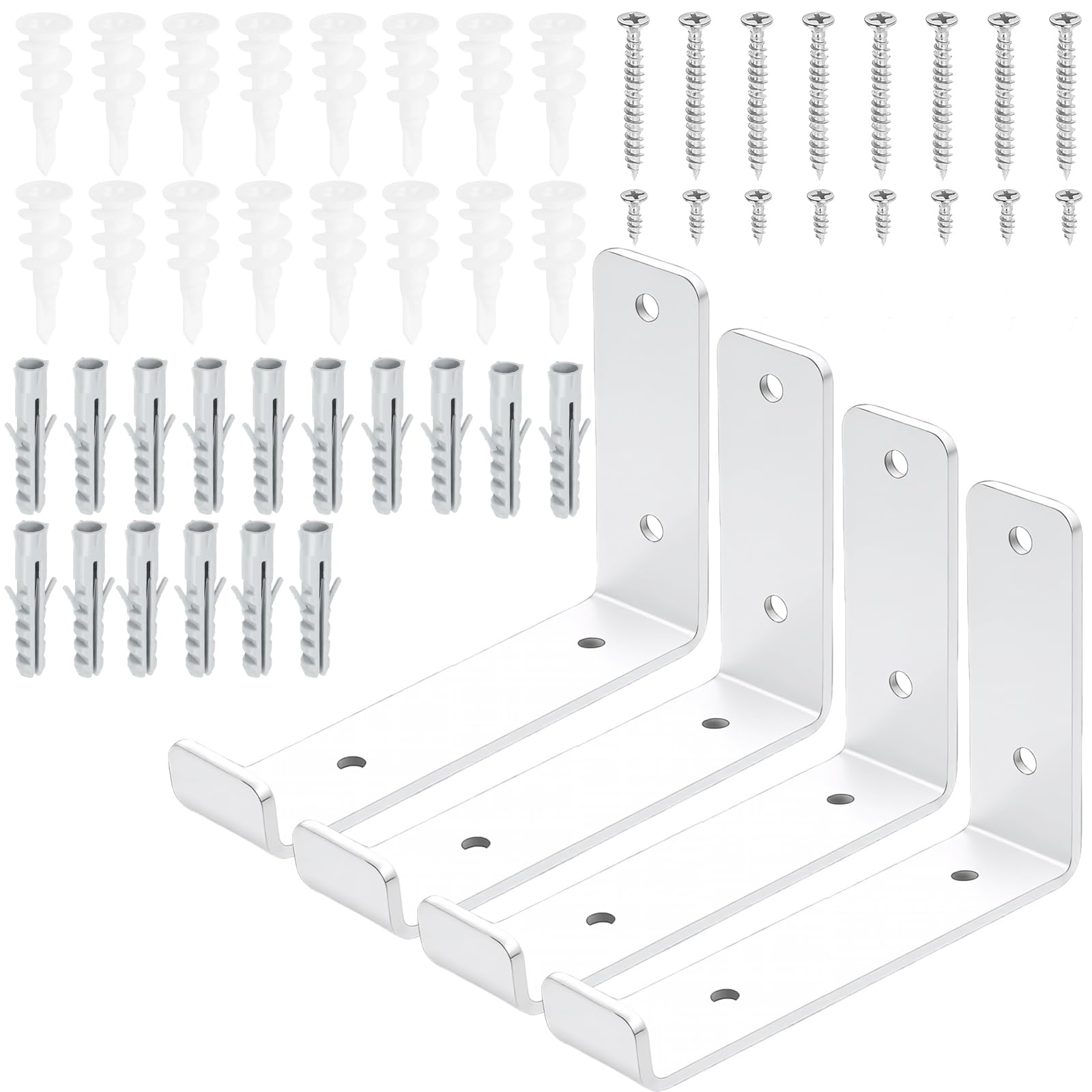 Swpeet 4 Pack 5.5" L x 4" H 5mm Thick White Heavy Duty Shelf Supports with Lip, J Shelf Bracket with Lip, Metal Floating J Wall Mount Shelf Brackets with Screw and Anchors Kit for Table Work Bench ﻿