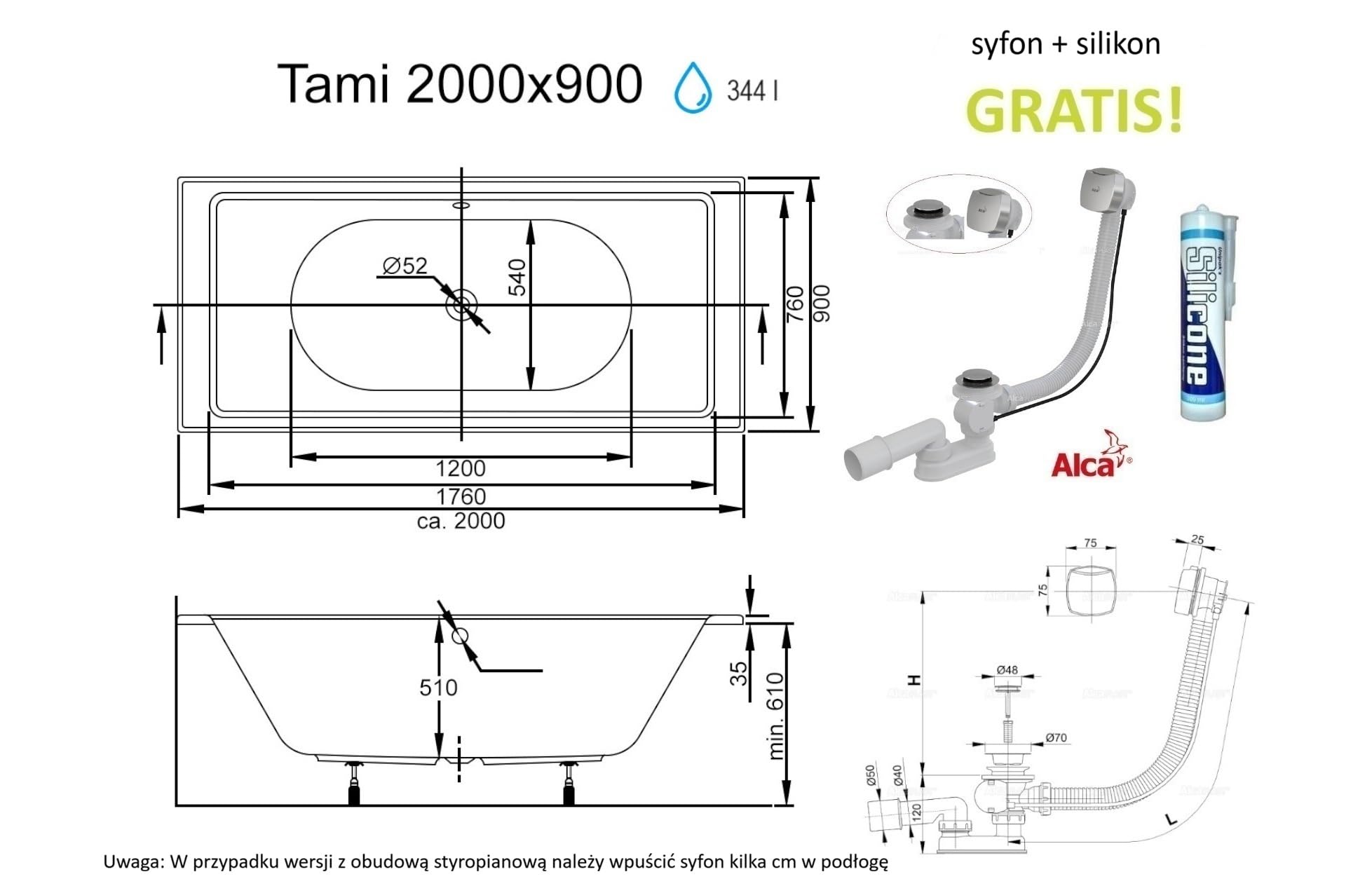 Wanna ECOLAM Tami 200x90 cm + fartuch + półka bambusowa | Nowoczesna, duża wanna dla dwóch osób | Prostokątna wanna akrylowa, najwyższa jakość | Armatura odpływowa, nóżki silikonowe, komplet, design