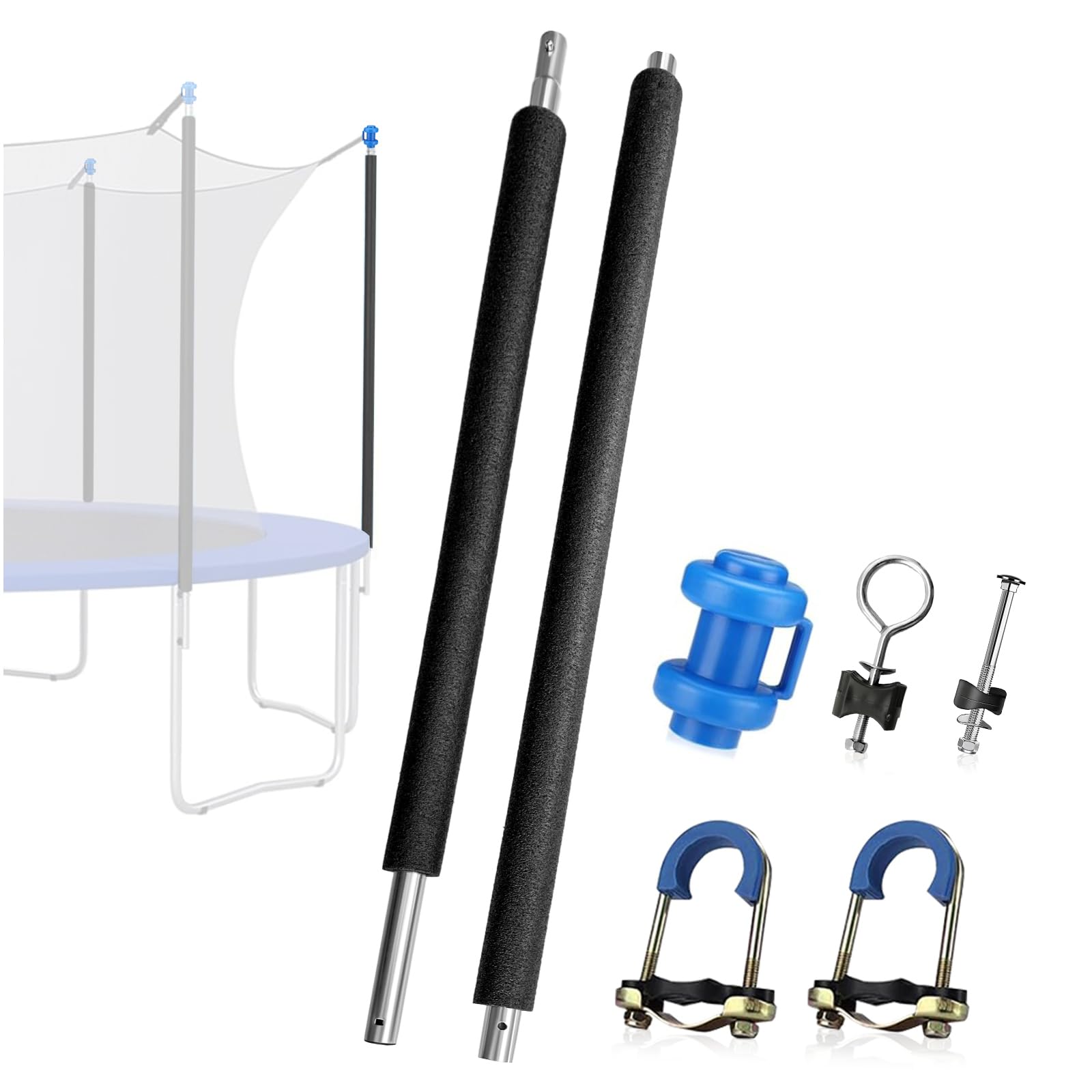 1 Set Universal Trampoline Replacement Pole Set – Straight Upper & Lower Enclosure Net Pole with Foam Sleeves, 2 Mounting Hardware Kits, Fits 10-16FT Frame