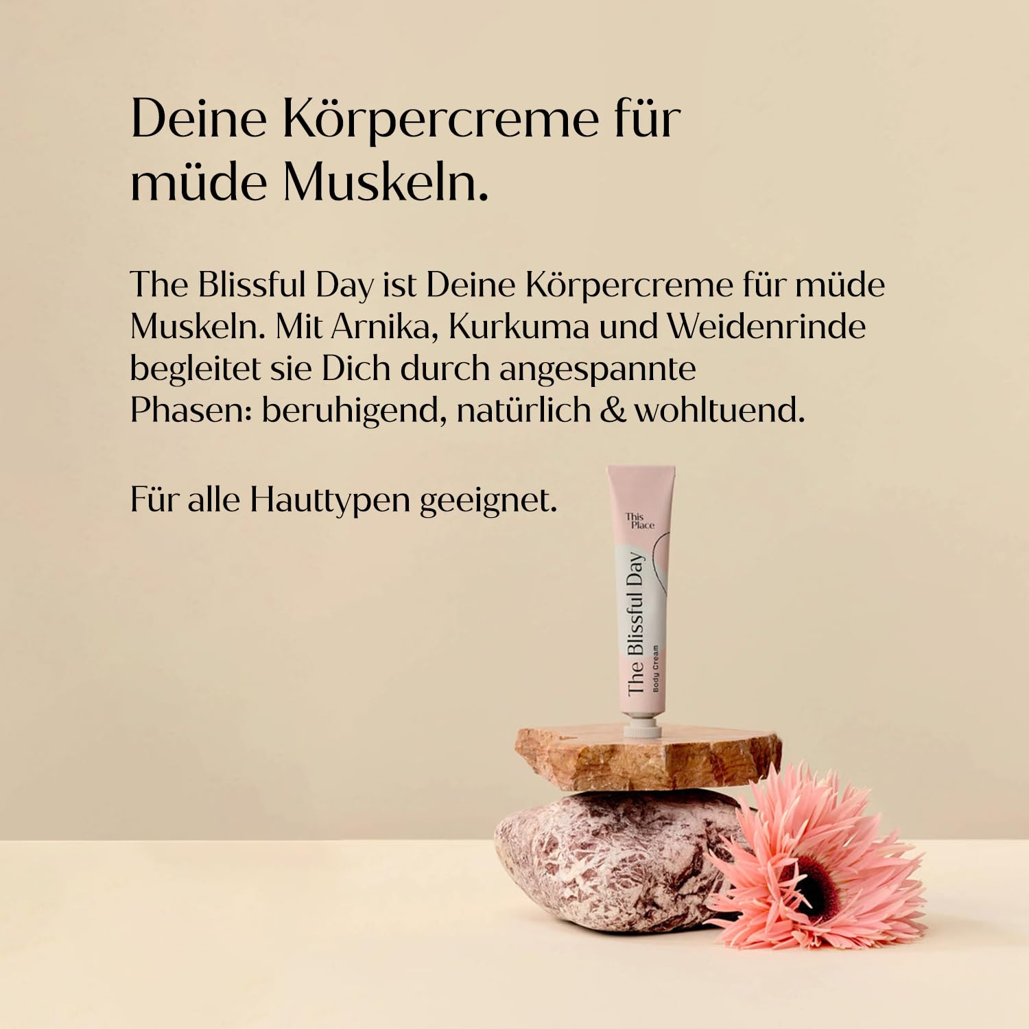 This Place The Blissful Day Entspannende Muskelcreme, Beruhigend, 60 ml | Natürliche Körpercreme mit Arnika, Kurkuma und Weidenrinde, Beruhigend und Spannungsreduzierend