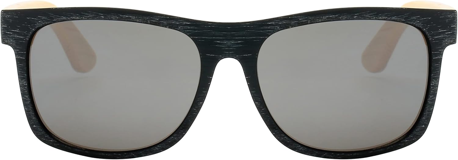 Piranha Eyewear Booker Classic Square Black Frame Bamboo Sunglasses with Smoke Lens