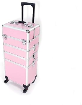 4-in-1 Aluminum Rolling Makeup Train Case with Lift Handle and Lockable Keys, Cosmetic Trolley Beauty Stylist Artist Organizer Box, Pink