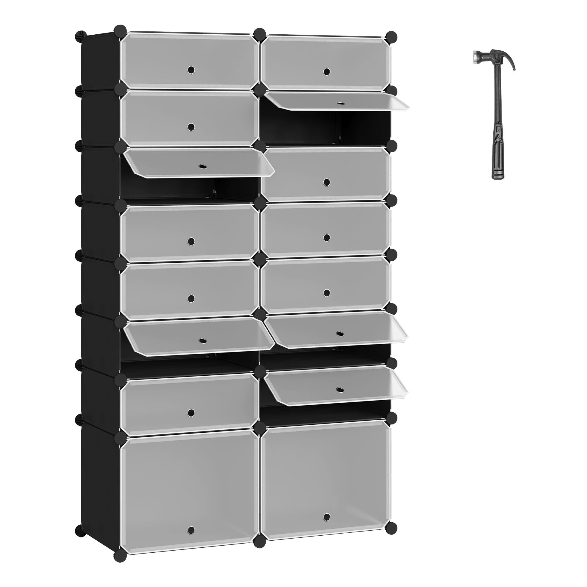 WOLTU Scarpiera, 2x8 Livelli per 32 Paia di Scarpe, Armadietto ad Incastro con Ante, Scaffale Portascarpe per Giochi, Pannelli in PP, con Mazzetta in Plastica, Nero+Bianco
