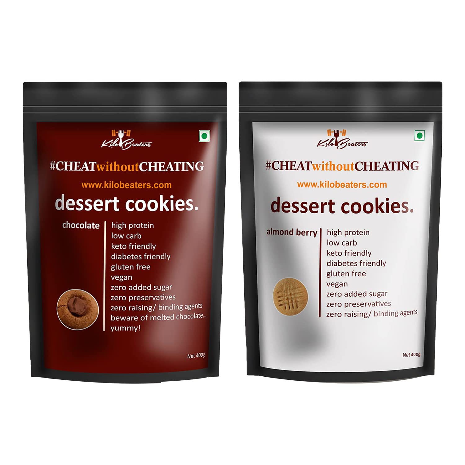 KILOBEATERS Keto Friendly Chocolate And Almond Dessert Diet Cookies Biscuits Snacks With Sugar Free, No Maida, Zero Sugar & Zero Preservatives, 400 Gram - (Combo Pack Of 2)