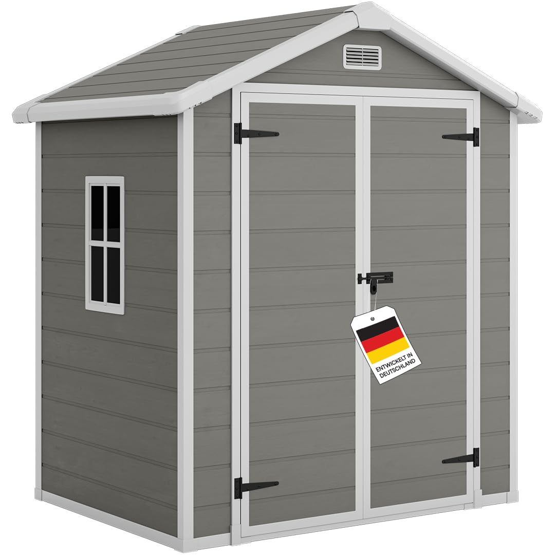 STEELSØN Novara Gerätehaus – Gartenschuppen mit Satteldach & Fenster – Gartenhaus 210x134x182 cm (HxTxB) – Geräteschuppen aus Kunststoff in Grau – Gartenhütte wetterfest & rostfrei – Schuppen