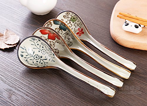 Pretty Hand-Printed Ceramic Spoons With Comfortable Size For Eating Soups,Set Of 4 Long Handle Hook Spoon Soup Spoon Hand-Crafted Tableware #TOP4