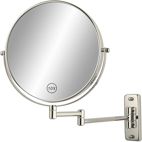 Magnifying Mirror Wall Mounted, 8” Bathroom Makeup Mirror, 1X/10X Double Sided, Extended Arm 360° Swivel Extension Mirror, Nickel