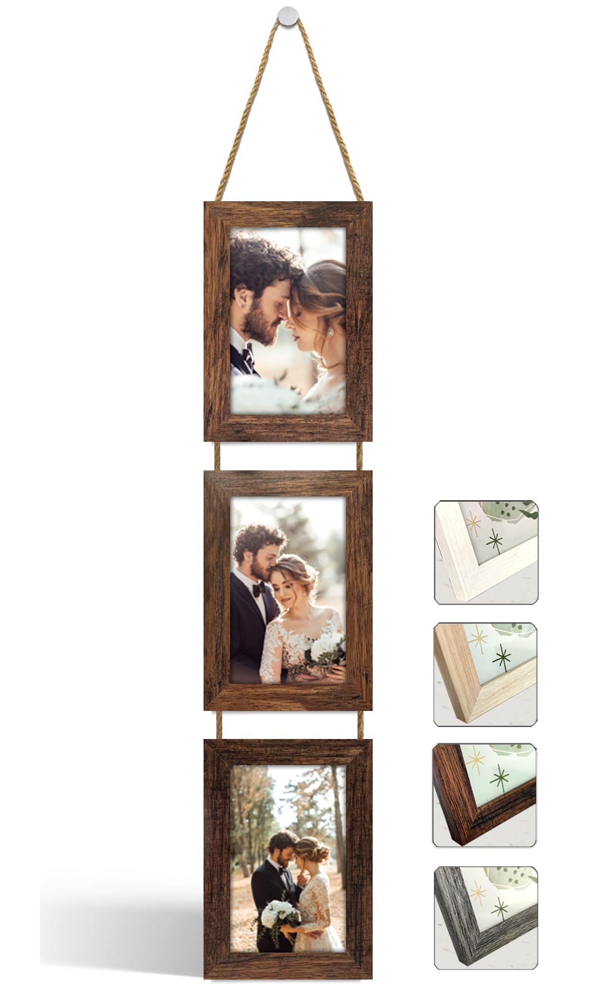 Cadre Photo Multiple avec Corde pour Suspendre au Mur - Lot de Cadres Décoratifs pour Accrochage Mural Vertical - Porte Portrait Pele Mele - Photos 10x15 (Bois Vieilli, 3 Photos Vertical)