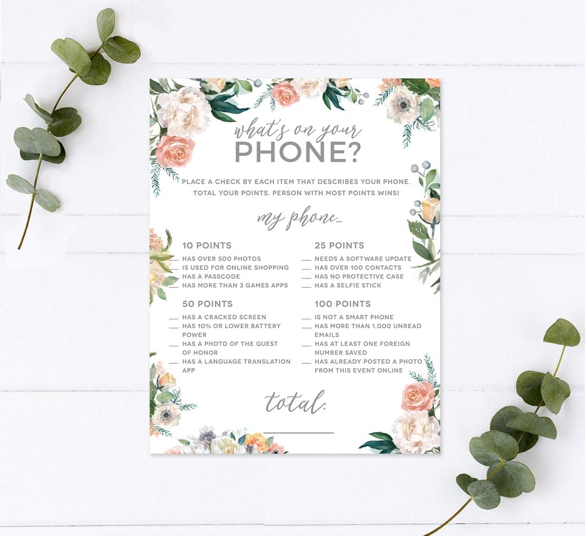 Andaz Press Peach Coral Floral Garden Party Baby Shower Collection, What's on Your Phone? Game Cards, 20-Pack, Games Activities and Decorations