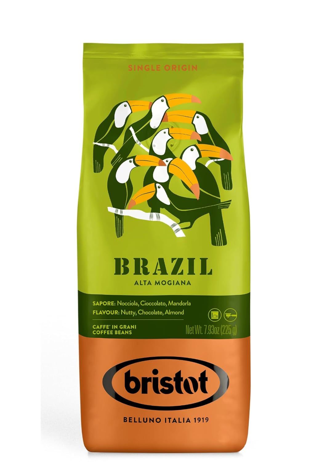 Bristot Single Origin Brazil Alta Mogiana | Italian Single Origin Espresso Beans | 100% Arabica | Medium Roast | 7.93oz/225g