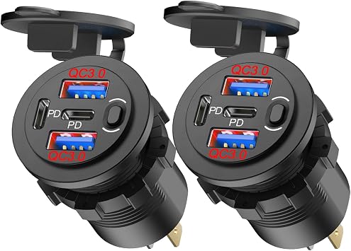 2 Pack Red 12V USB Outlet Dual PD 30W USB C Port and Dual USB QC 3.0 Port with Power Switch, 78W Multiport Car Charger Socket Waterproof DIY Accessories for Car Boat Marine Motorcycle RV ATV