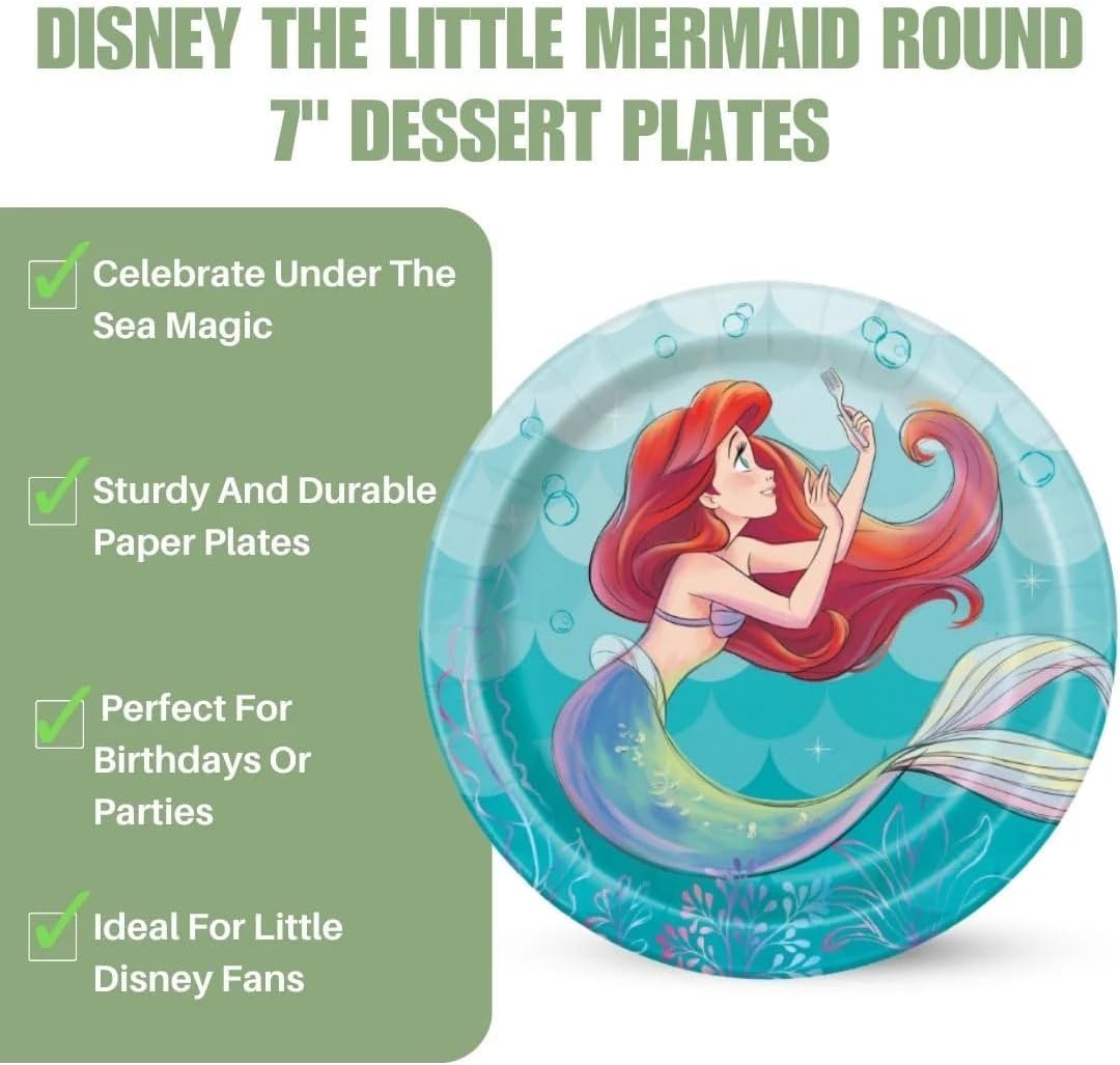 Multicolor Disney The Little Mermaid Round Dessert Plates (7") 8 Count - Enchanting Party Supplies for All Occasions, Perfect for Birthdays & Themed Events