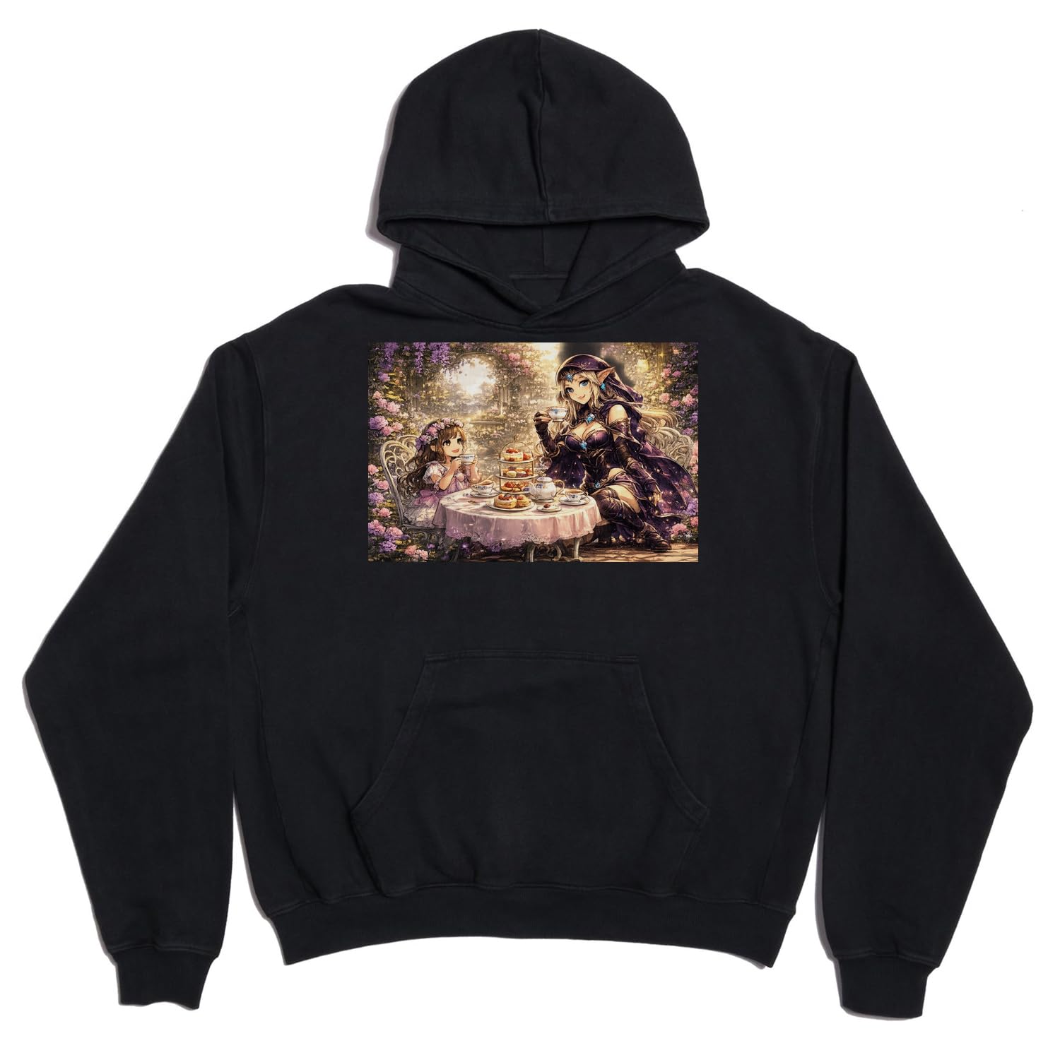 Zaczarowany ogród herbata impreza unisex oversize ciężka mieszanka bawełny bluza z kapturem czarna