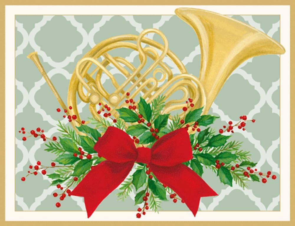 Caspari Boxed Christmas Cards, French Horn With Swag 16
