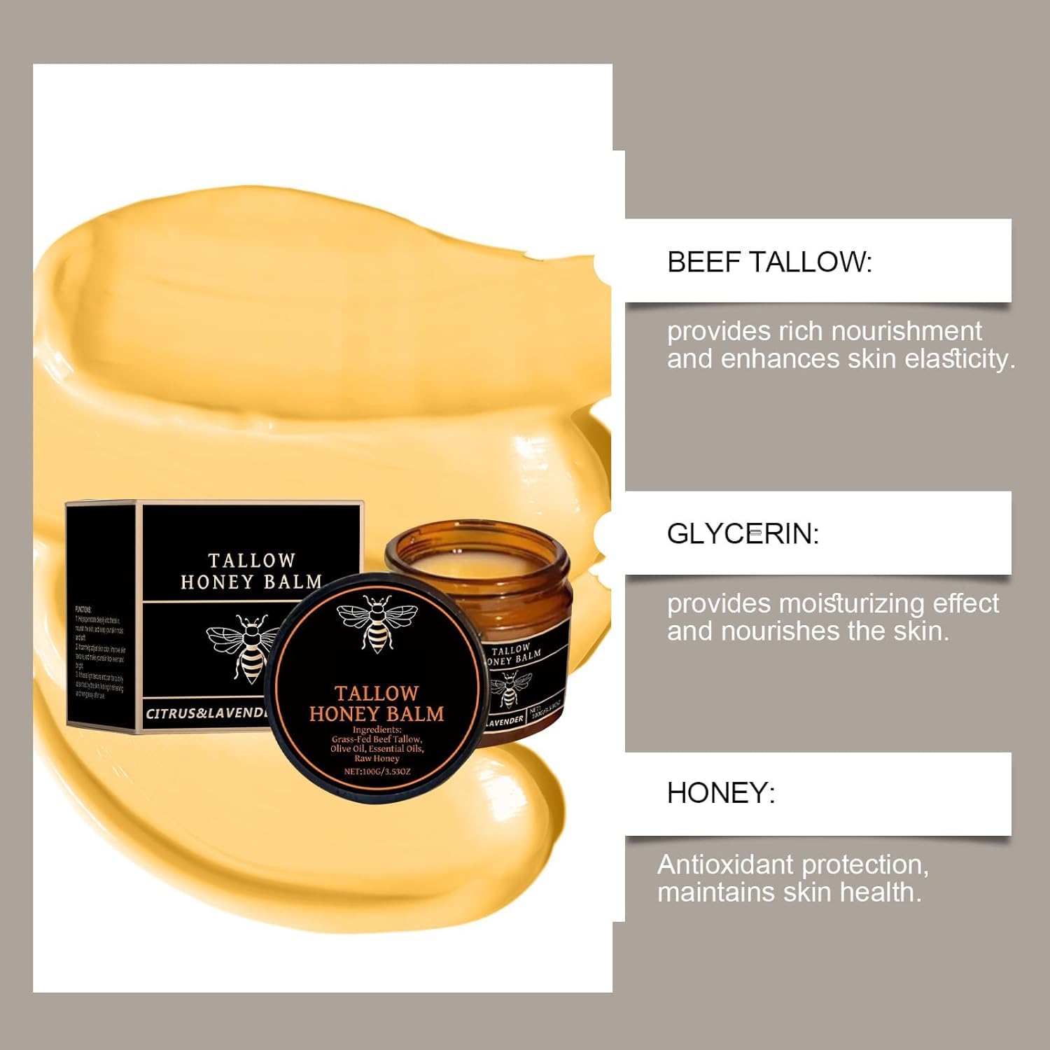 Organic Grass-Fed Beef Tallow Balm,Organic Grass-Fed Beef Tallow Balm with Raw Honey,Moisturizing Skin Care for Face & Body, Suitable for All Skin Types (3)
