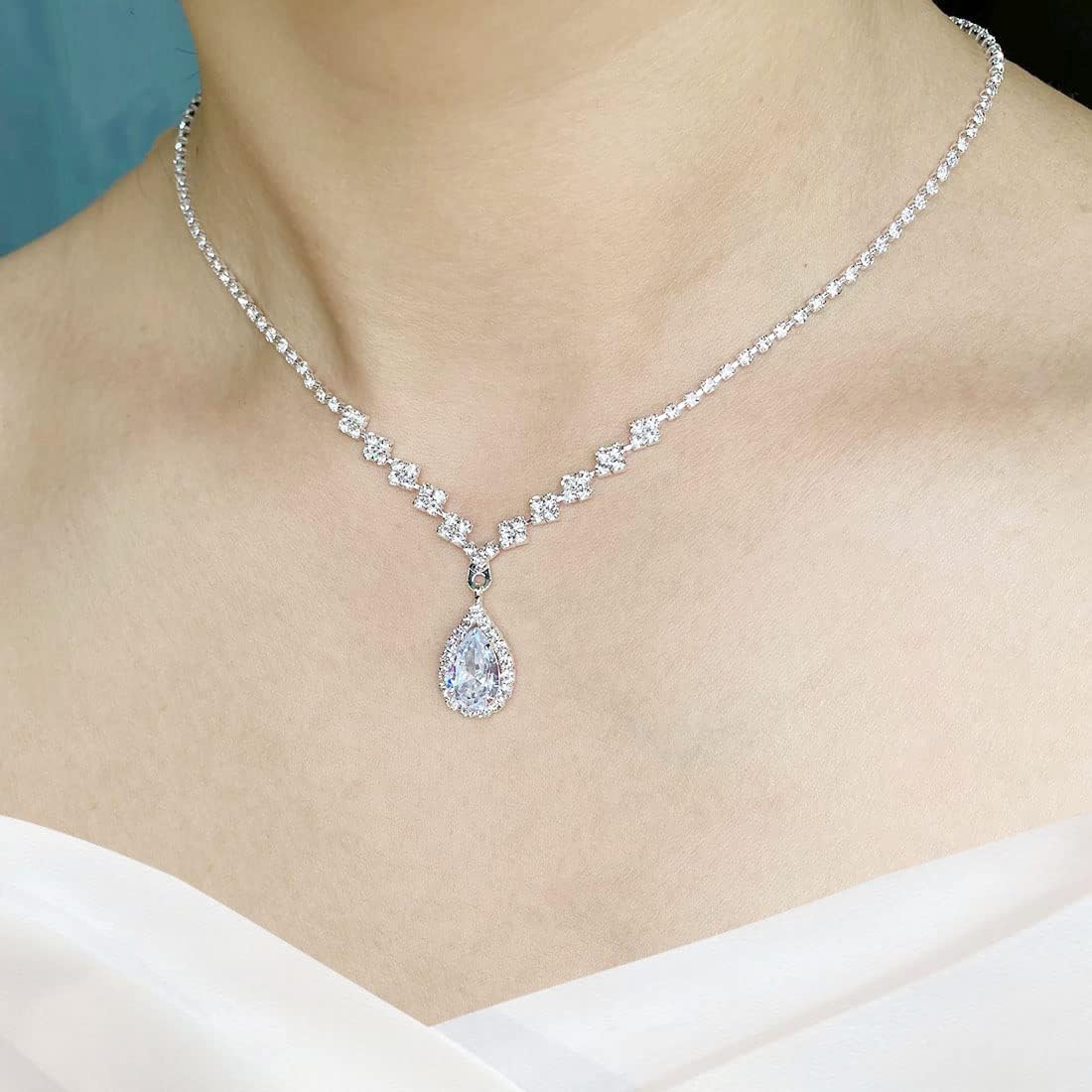 Carufin Bride Wedding Crystal Necklace Earrings Set Silver Bridal Choker Necklaces Pendant Jewelry for Women and Girls (Silver) - Image 5