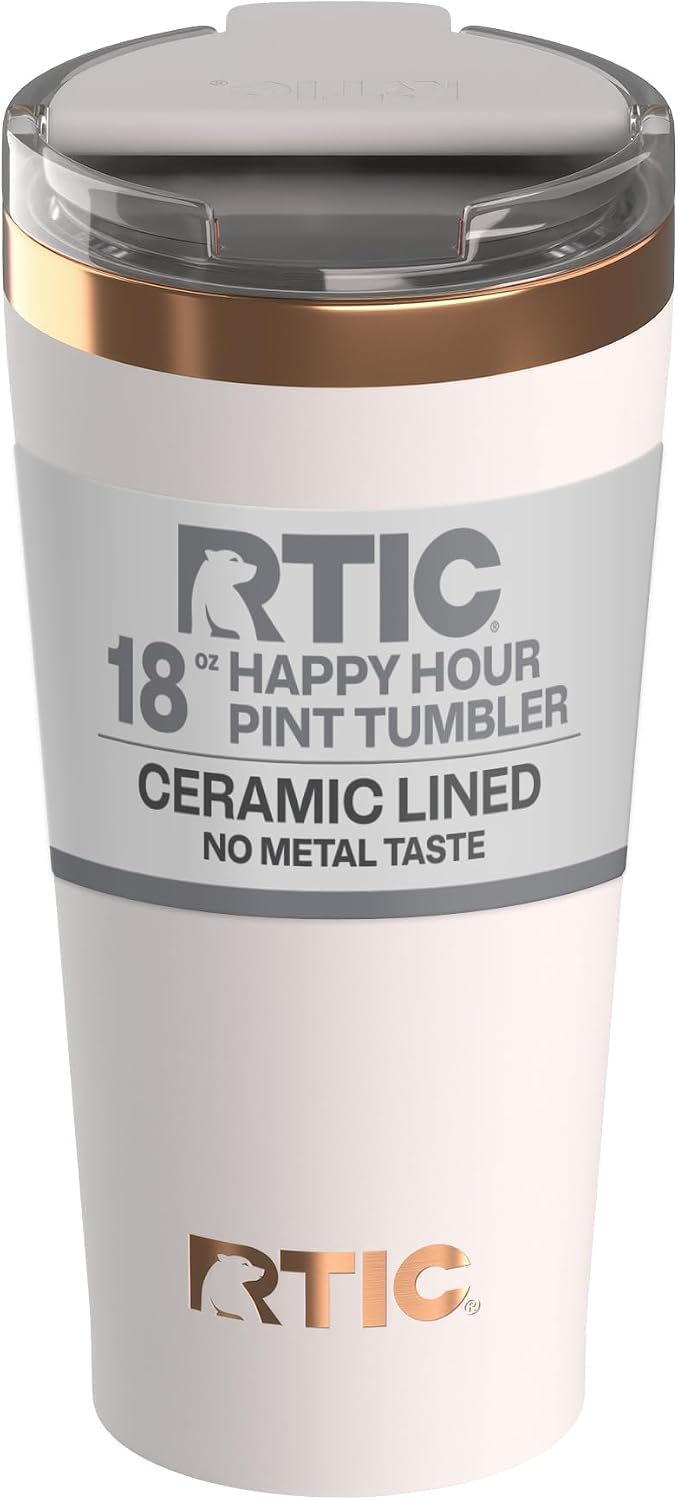 RTIC 18oz Happy Hour Pint Tumbler with Lid, Insulated, Ceramic Lined, Stainless Steel Metal, Portable Travel Cup for Hot and Cold Drink, Cool Grey