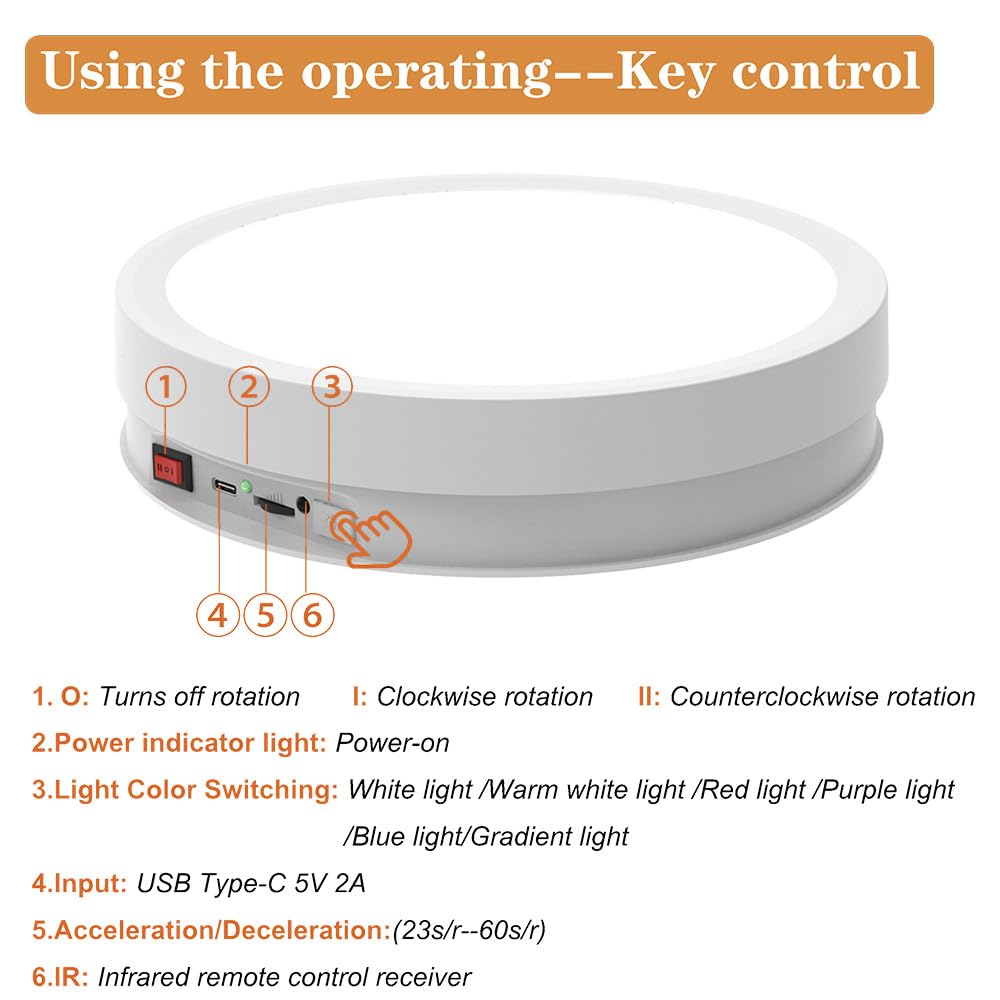 JAYEGT Base de luz LED antideslizante giratoria, carga de 66 libras, inalámbrico, tocadiscos de fotografía de 360 grados para obras de arte esféricas de cristal de vidrio, ferias de productos, joyas,