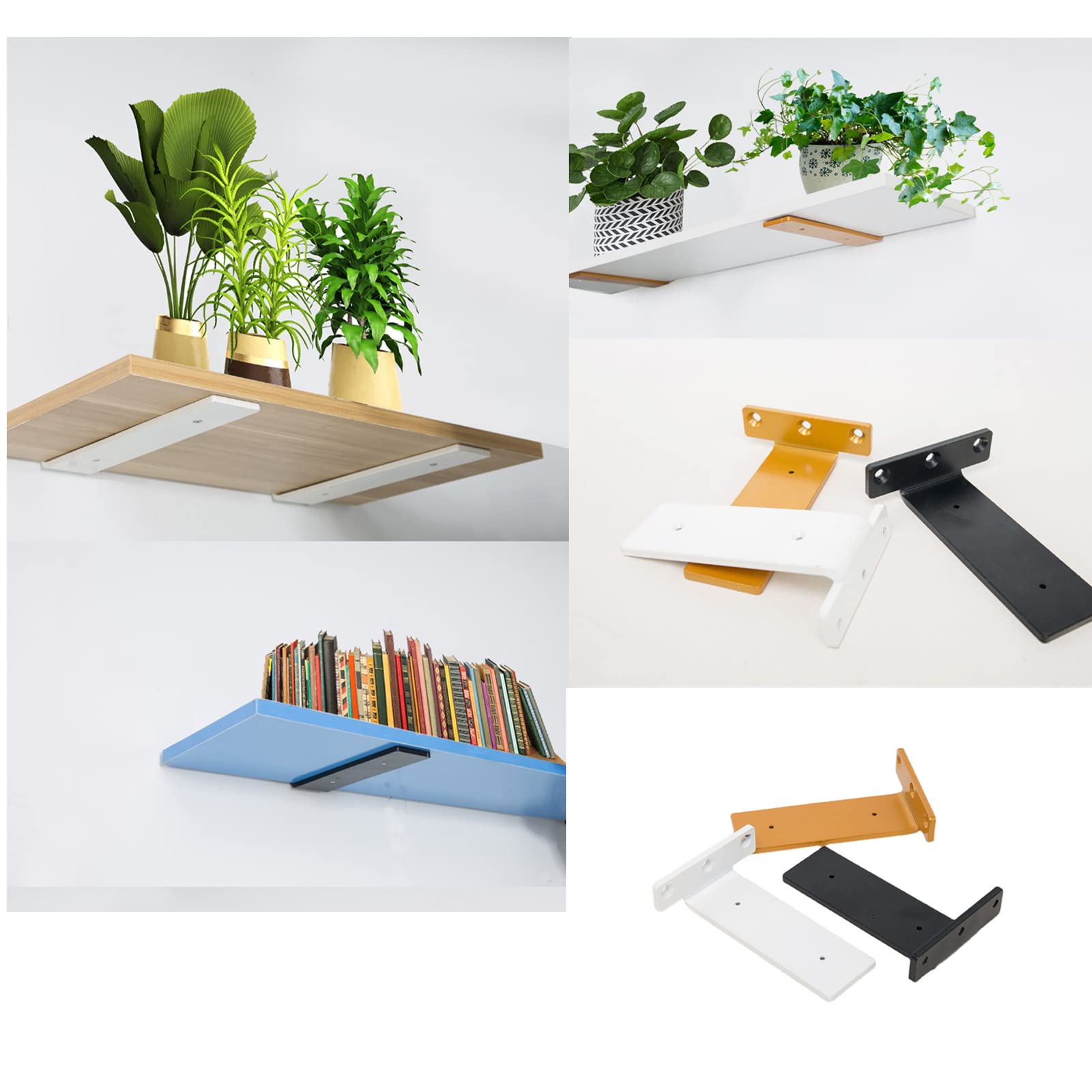 Confezione da 2 staffe per mensole da parete resistenti per mensole galleggianti DYI, supporto a L per scaffalature aperte, ideali per cucina, bagno, garage, include viti da 25 cm, finitura oro