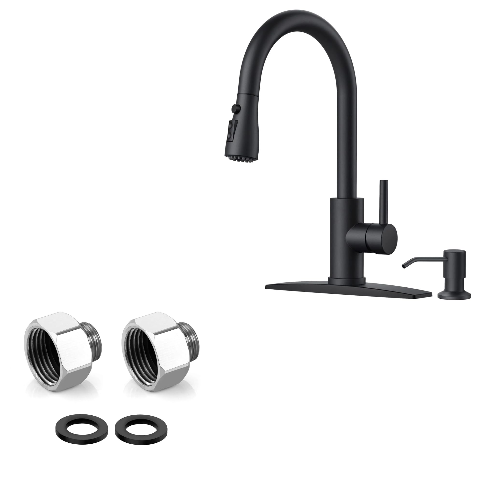 Jnfidosr Men's Black Kitchen Faucet With Soap Dispenser And 2 Pack G3/8 To G1/2 Fe
