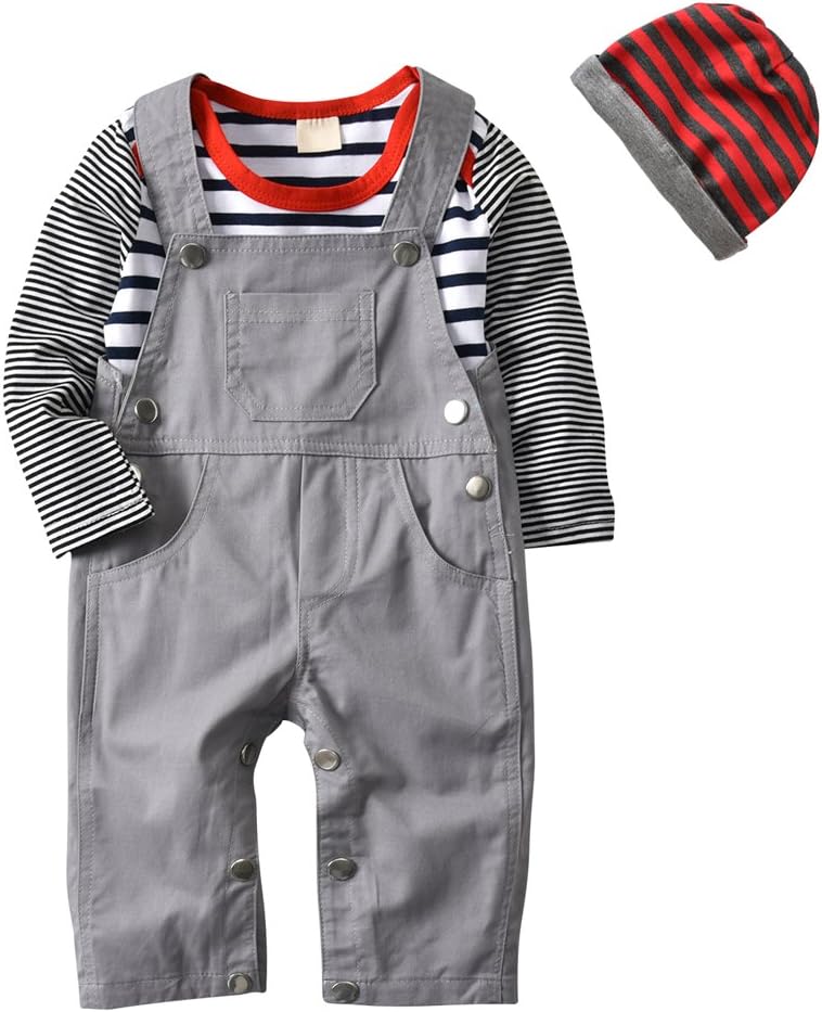 3Pcs Baby Boys Long Sleeve Stripe Romper Overalls Clothing Set with Hat