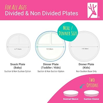 Elk and Friends Kids/Toddler 7.8 Porcelain Divided Plates + Sleeves | 4pk | Silicone Sleeves | Non Slip Dinnerware | Microwave + Dishwasher Safe | Perfect for Meals, Snacks + Separating Foods