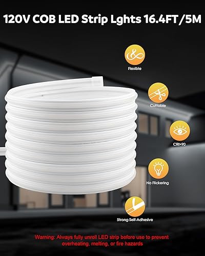 Miniatura 2 de Aclorol Tira de luces LED COB AC de 110 V, enchufable, 16.4 pies, 288 ledM de alta densidad, flexible, COB, LED, impermeable, para decoración de