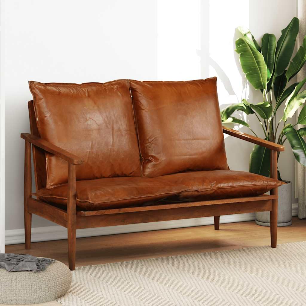 Générique Divano a 2 posti in vera pelle marrone, divano in legno di acacia massiccia, finitura miele, seduta confortevole schiuma spessa, divano vintage per soggiorno camera da letto