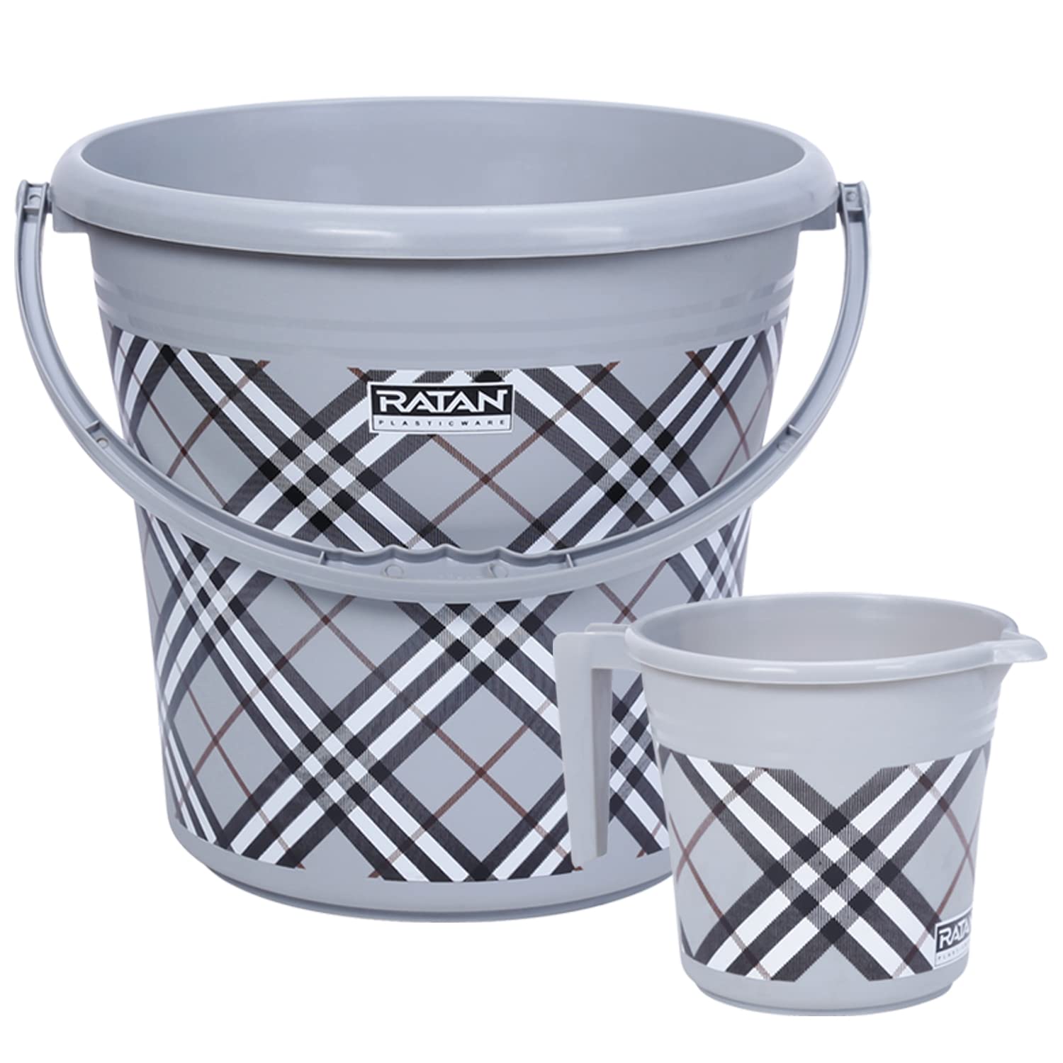 RATAN PLASTICWARE Frosty Checks Print Pack of 2 Bathroom Set (16L Bucket x 1 / 1L Mug x 1) - Grey-image-11