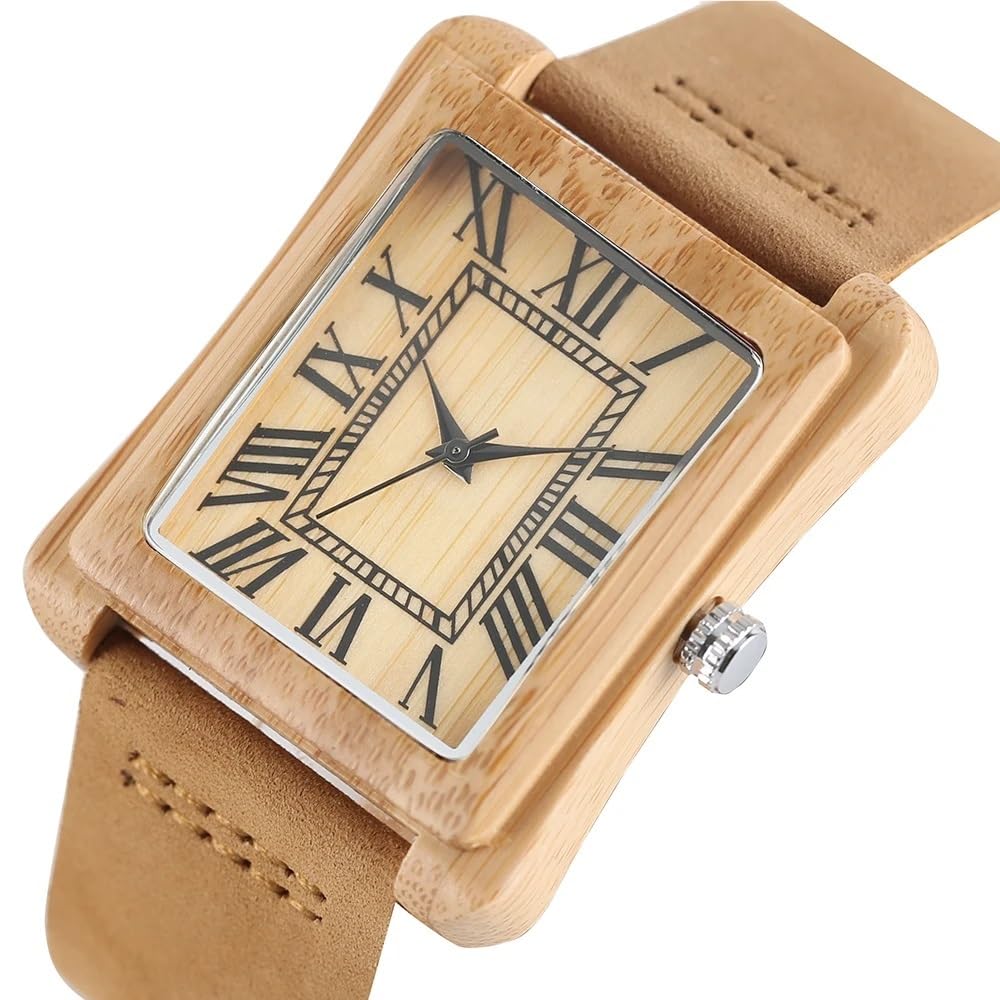 Orologio da Uomo in Legno con Cinturino in Pelle, Stile Moderno, Stile Casual, al Quarzo, Rettangolare, Stile Log, Stile Naturale(Cherry Wood A)