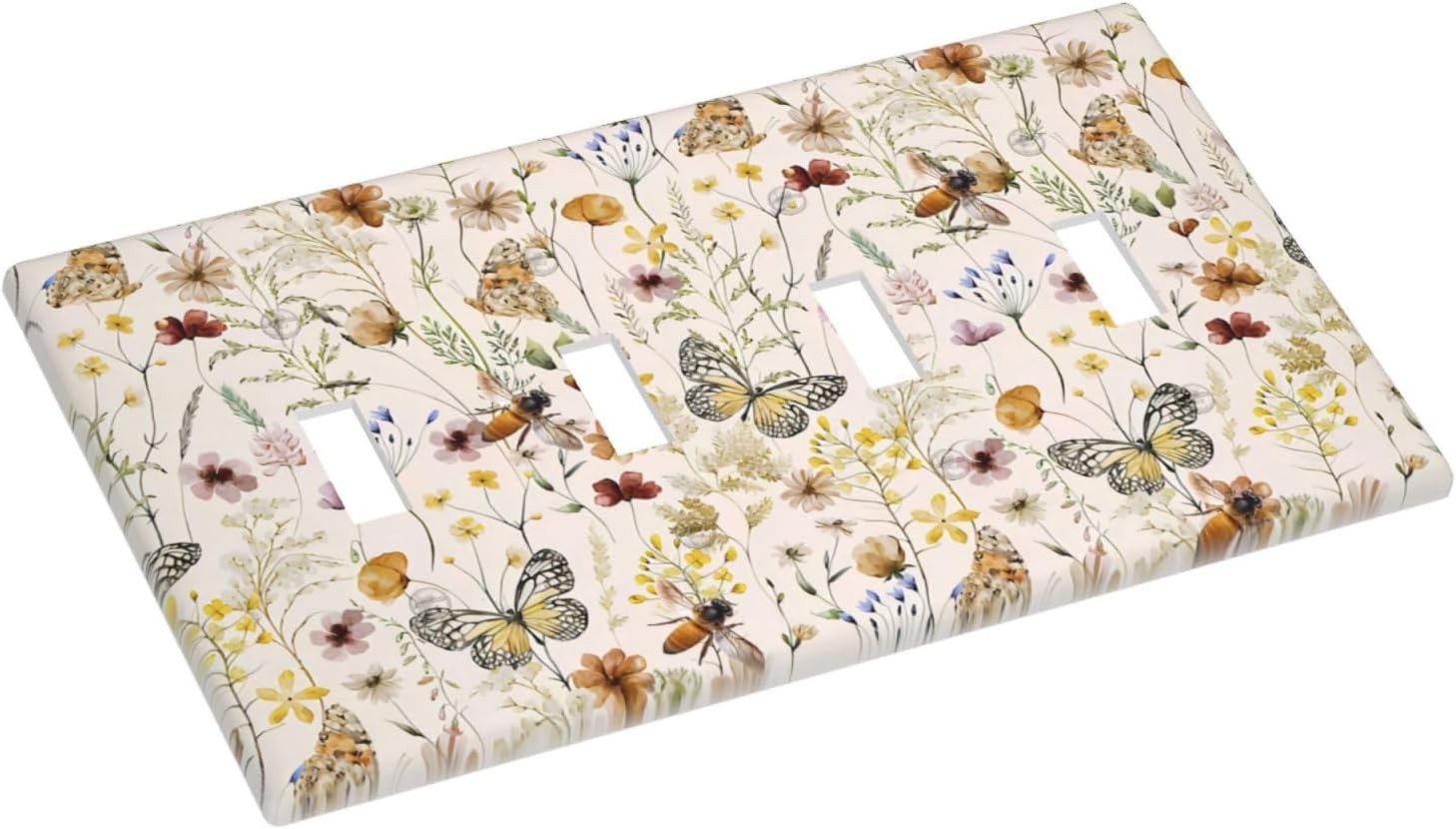 Vintage Butterflies Quad Toggle Wall Plates Decorative Colorful Wildflower 4 Gang Light Switch Cover Cute Bees Electrical Switchplate Faceplate Beige Flower Leaves Dimmer Decor for Bedroom Kidroom image 3