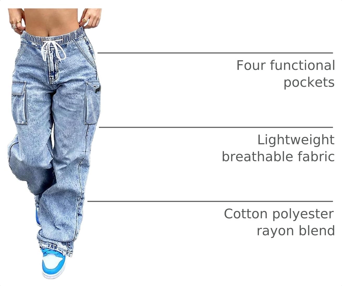 Cargo Jeans for Women Baggy Stretchy Wide Leg Denim Pants High Waisted y2k image 4