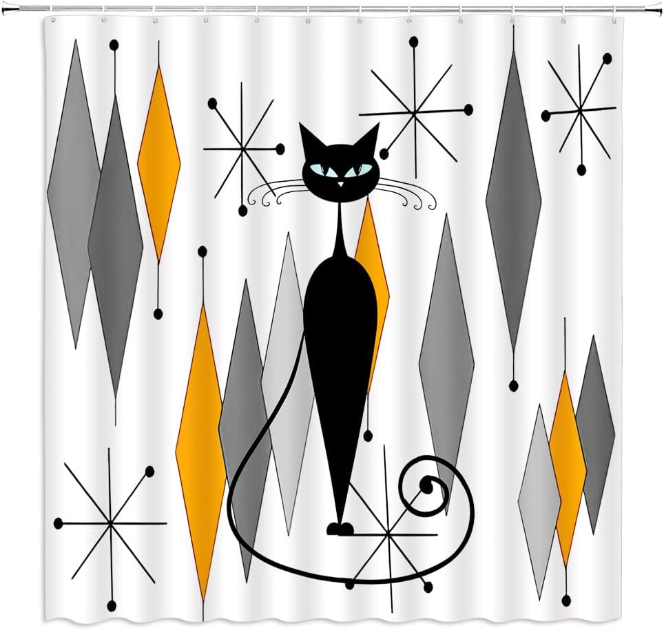 GCTNBJL Mid Century Modern Shower Curtain Diamond Starbursts Black Cat Retro Gray Orange Abstract Geometric 1950s 1960s Vintage Bathroom Decor Fabric Curtain with Hooks