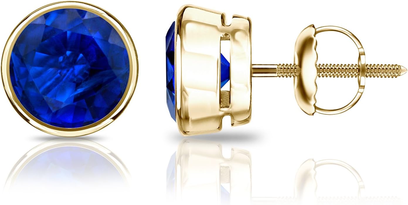 Diamond Wish 18k Yellow Gold Round Blue Sapphire Gemstone Stud Earrings (1/4 carat TW) Bezel Set, Screw-Back