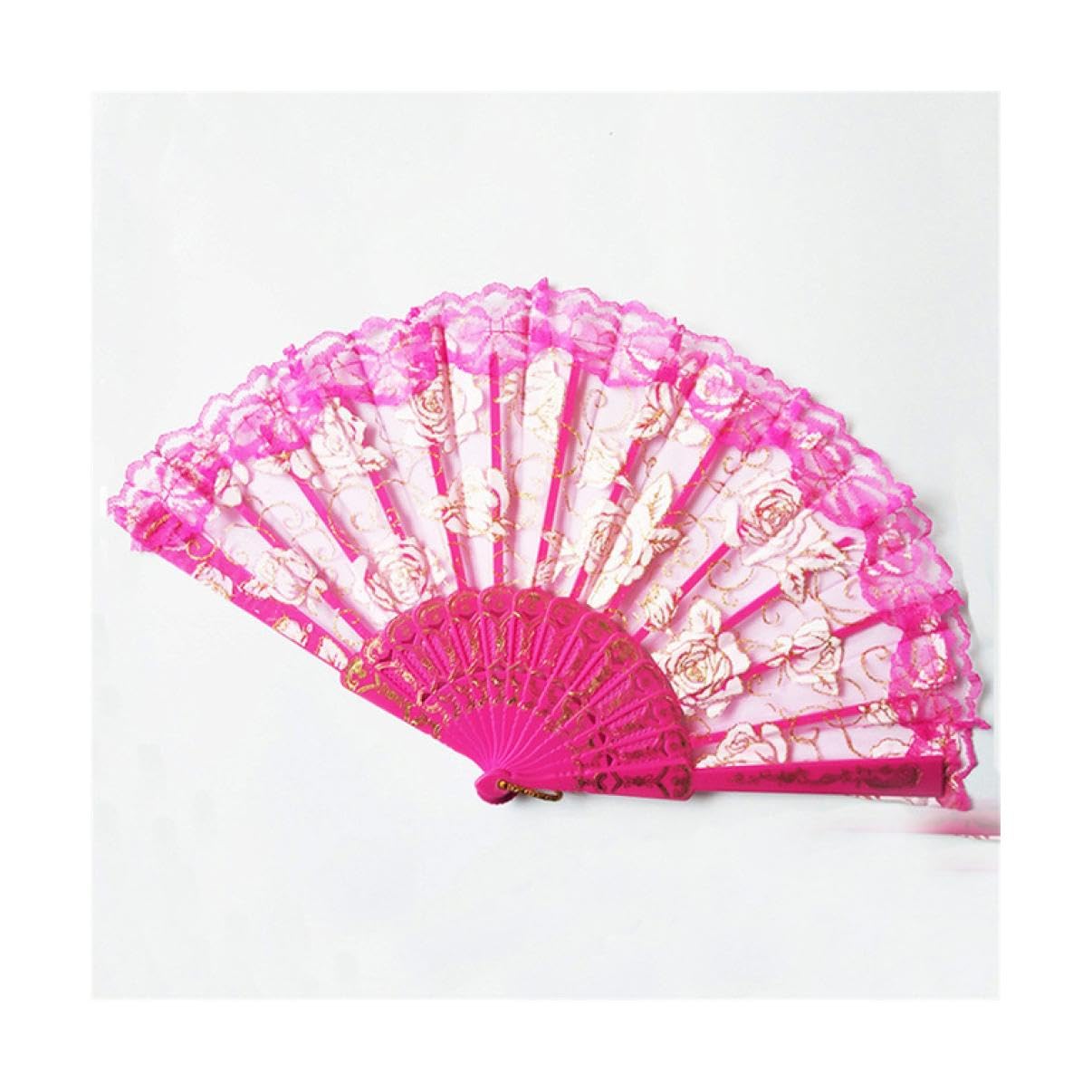 RWRAPS Abanico Plegable de Encaje o Tela, Tela española, Seda, Plegable, de Mano, Abanico de Baile, Fiesta de Flores, Boda, Baile de graduación, Verano, Accesorios para abanicos, Tetera (5)