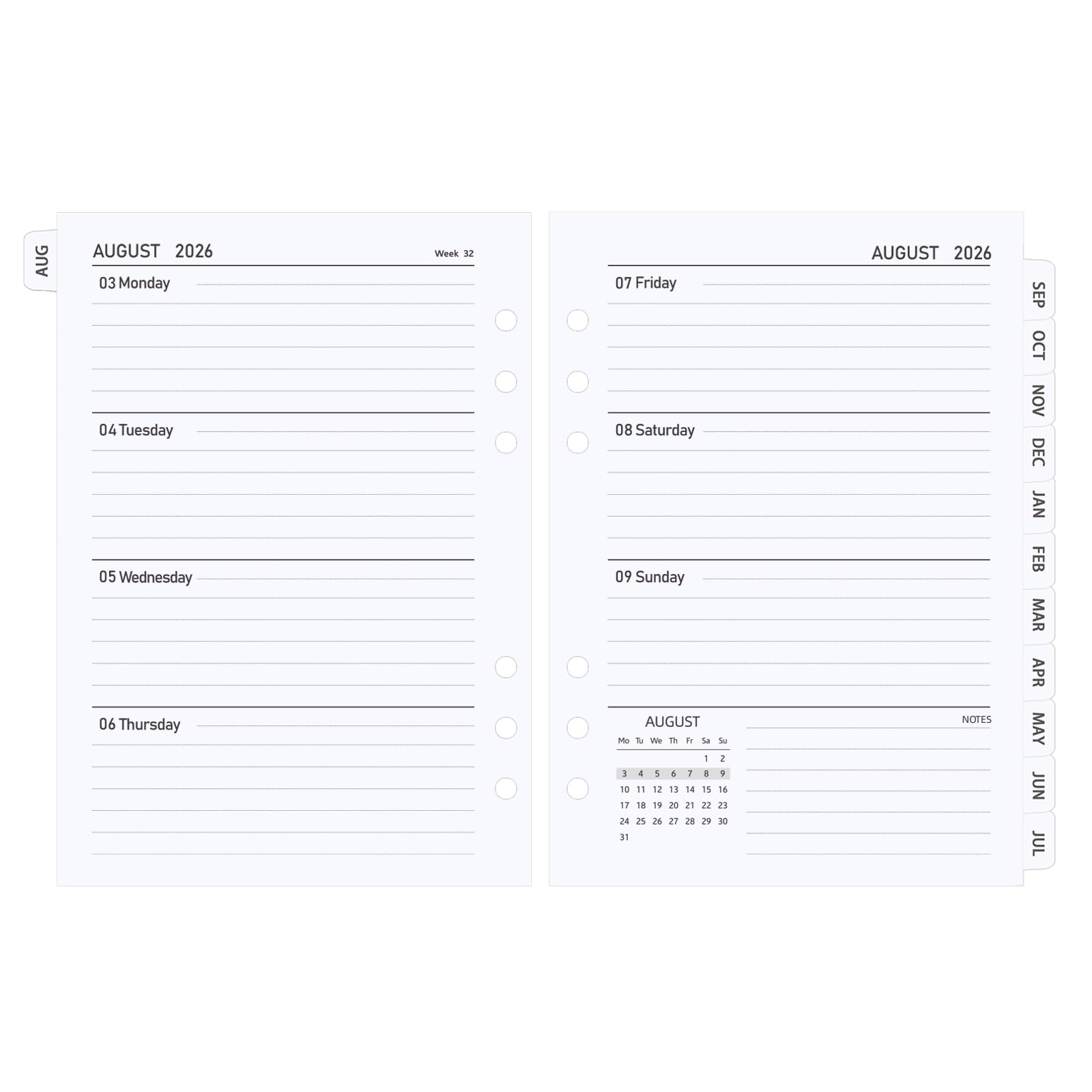 Academic Diary 2026 2027 Refill A5 Size, Mid Year Weekly Planner Inserts from August 2026 to July 2027, Week on Two Pages with Monthly Tabs, Compatible with Filofax A5 organiser, 21 x 14.8 cm