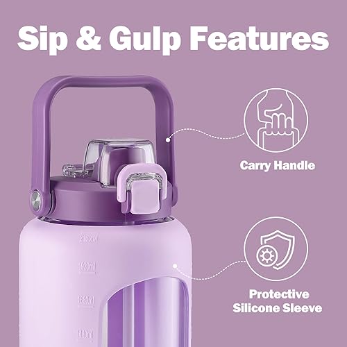 Miniatura 4 de Botella de agua de vidrio de 72 onzas con popote 2 en 1 y tapa de chug, botella de vidrio motivacional grande con marcador de capacidad y funda de