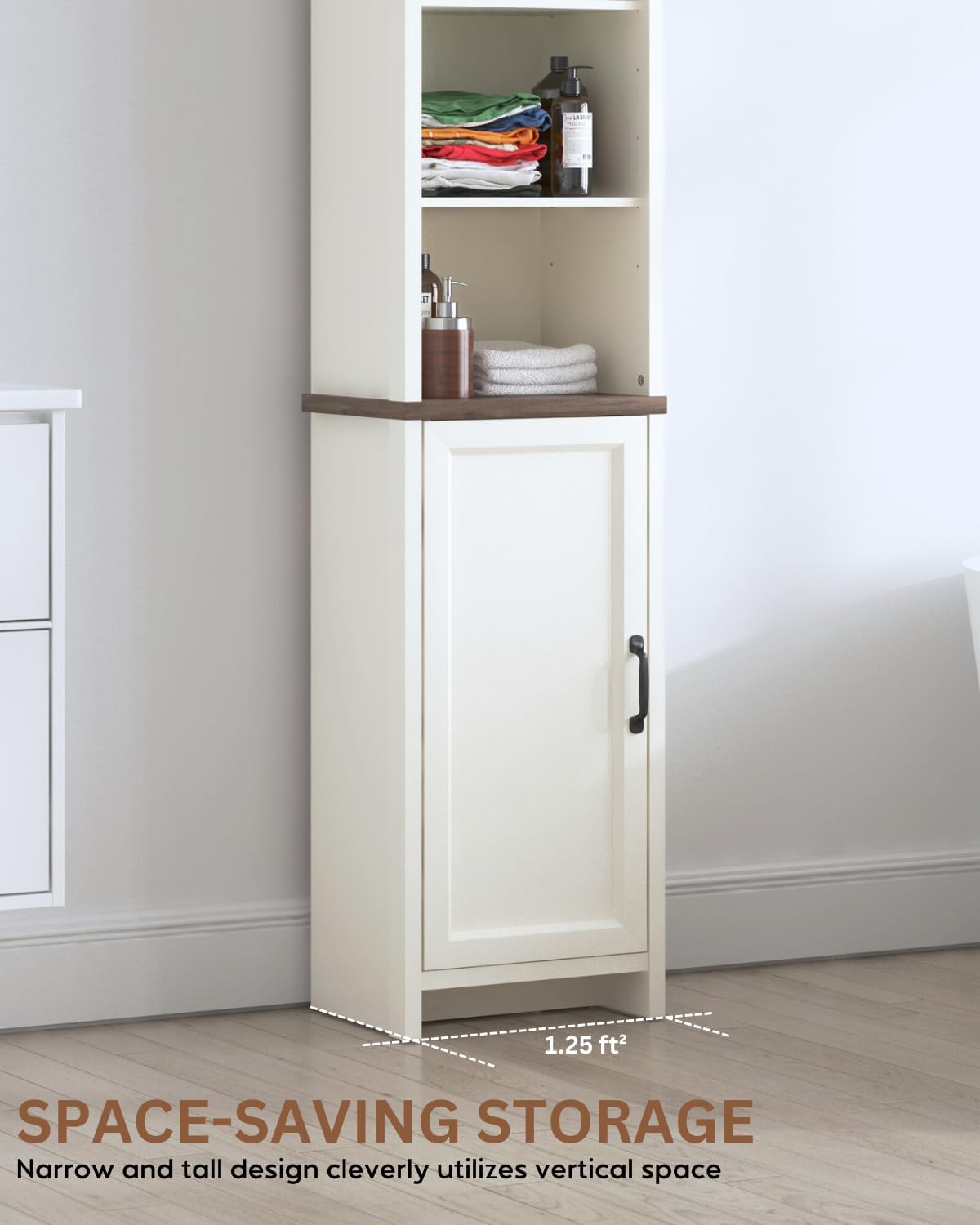 Tall Narrow Storage Cabinet for Bathroom, Linen Cabinet with Door & Adjustable Shelves, Slim Cabinet for Small Spaces, Freestanding Storage Organizer, Ivory