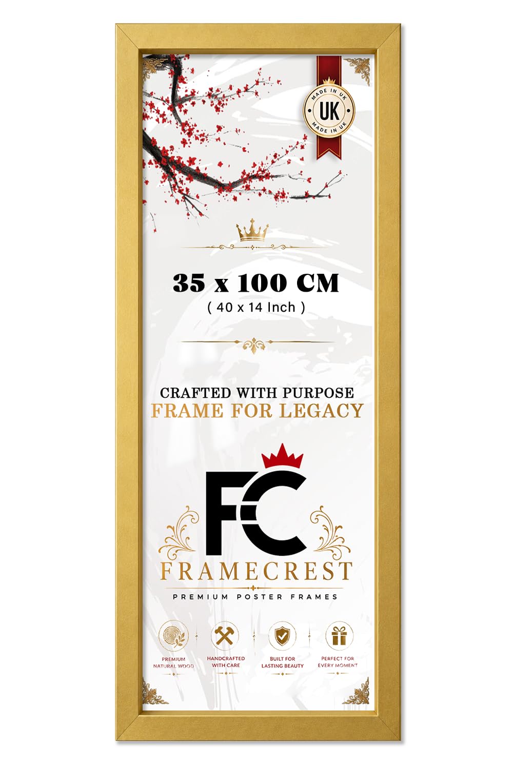 FRAMECREST LTD 35 X 100 CM Panoramic Picture Frame For Living Room Wall Decor, Modern Minimalist Gallery Print Display For Office Or Hallway — Long Landscape Style Orientation Mounting - [Gold]